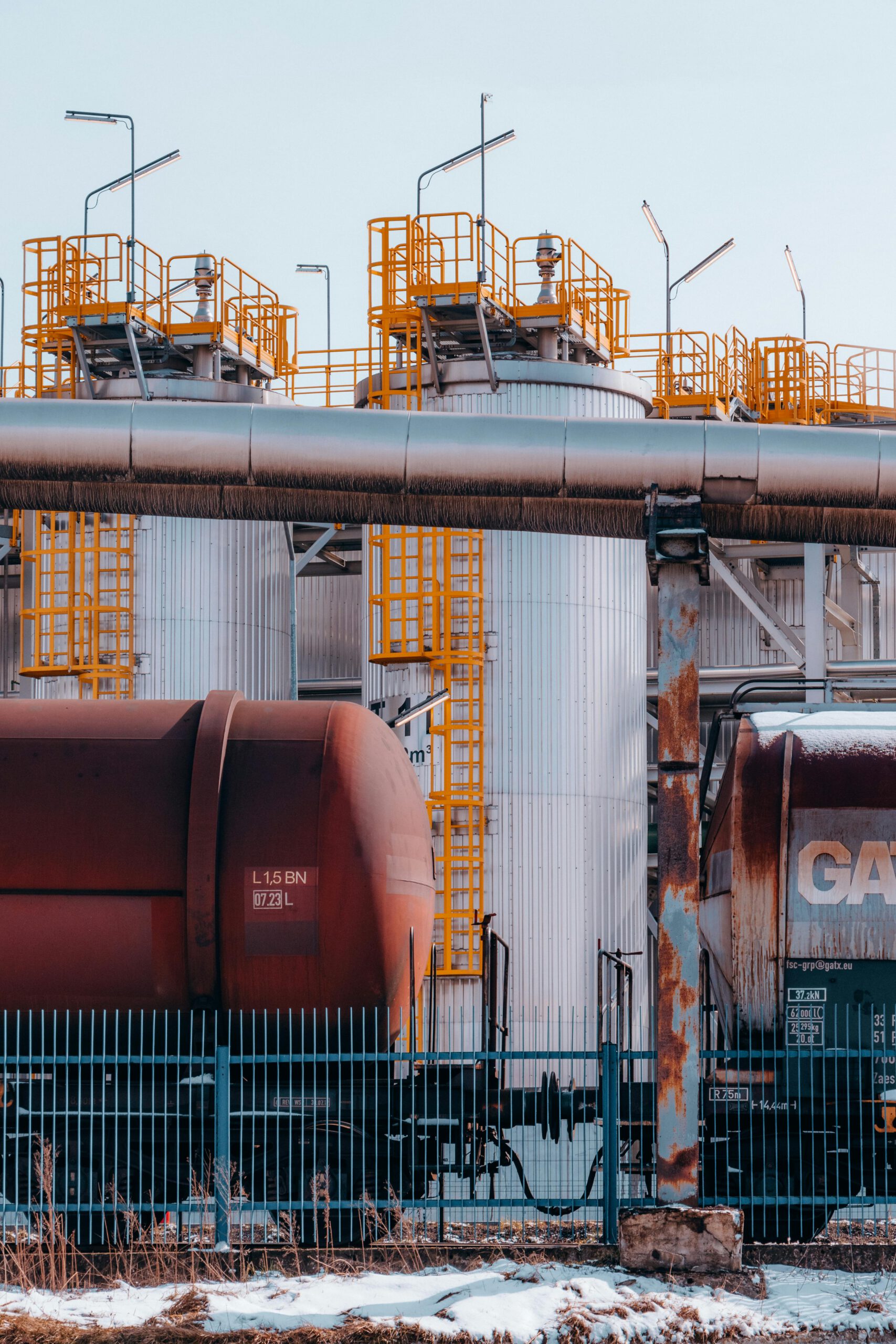 Industrial fuel storage tanks and pipelines in Trzebinia, Lesser Poland Voivodeship, Poland.